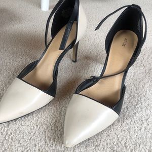 White and black ankle strap heels